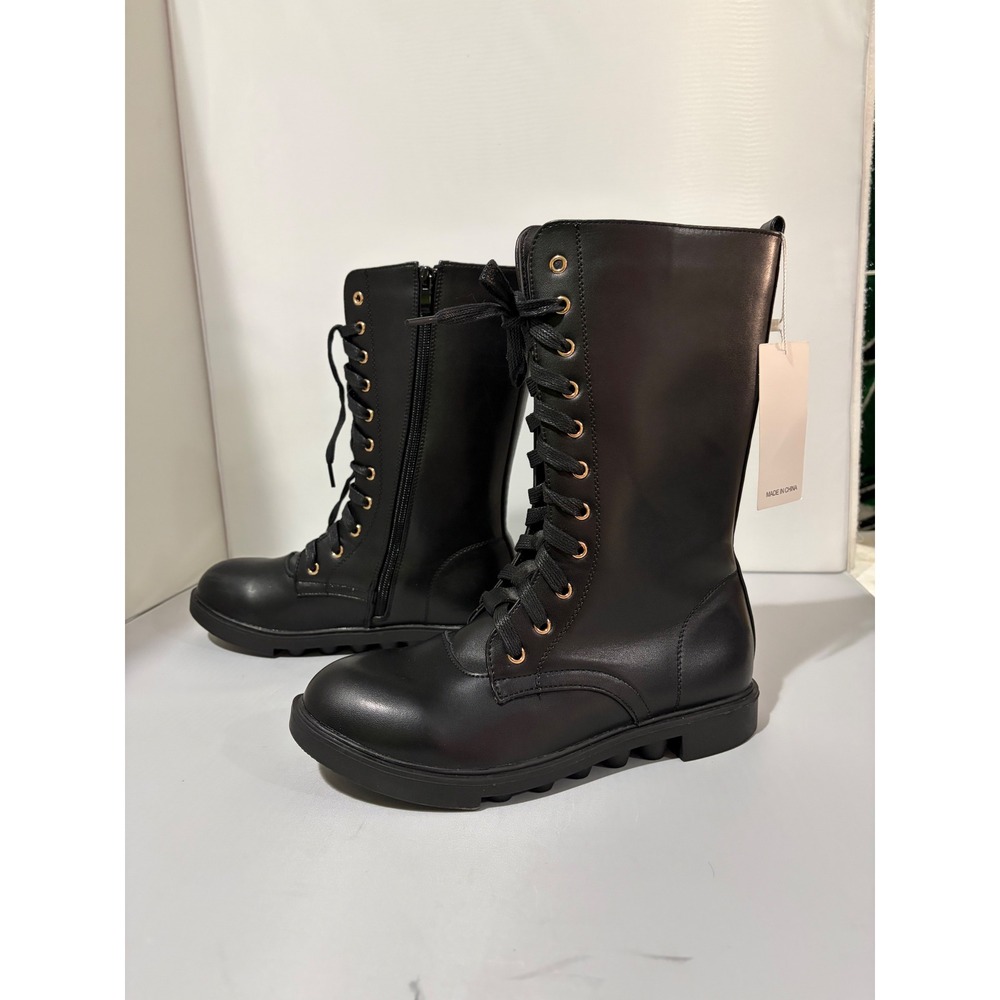 Dadawen Kids Black Lace Up Mid Calf Combat Boots Side Zip Lug Sole Size 39/245
